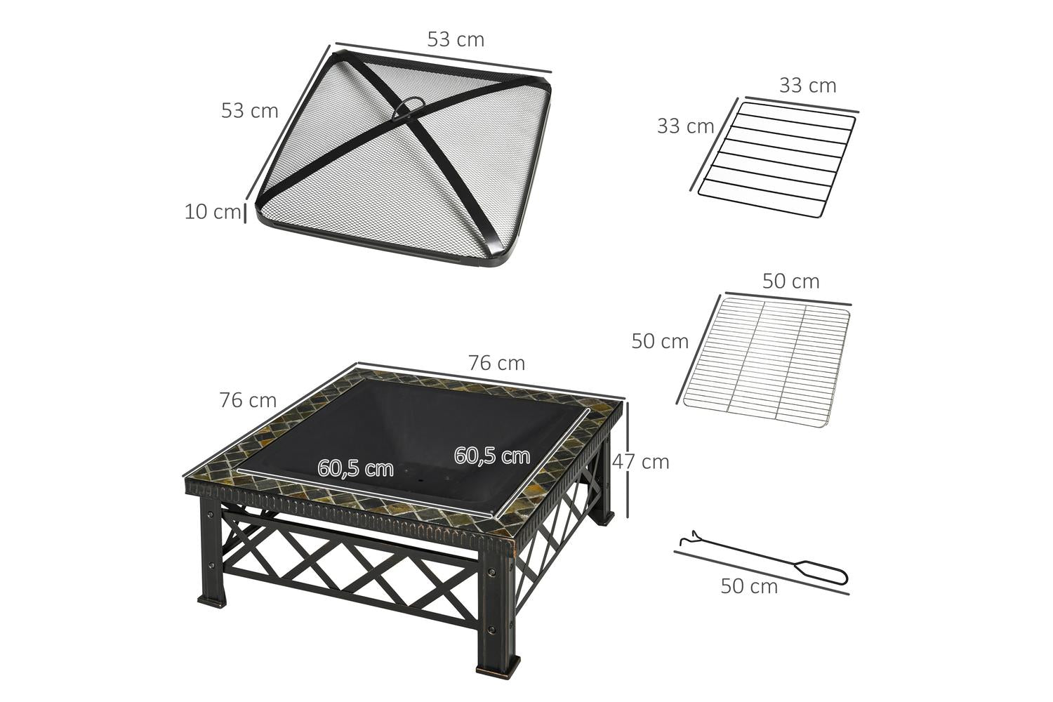 Outsunny Fair Pit with Grill Shelf Poker | Black-2