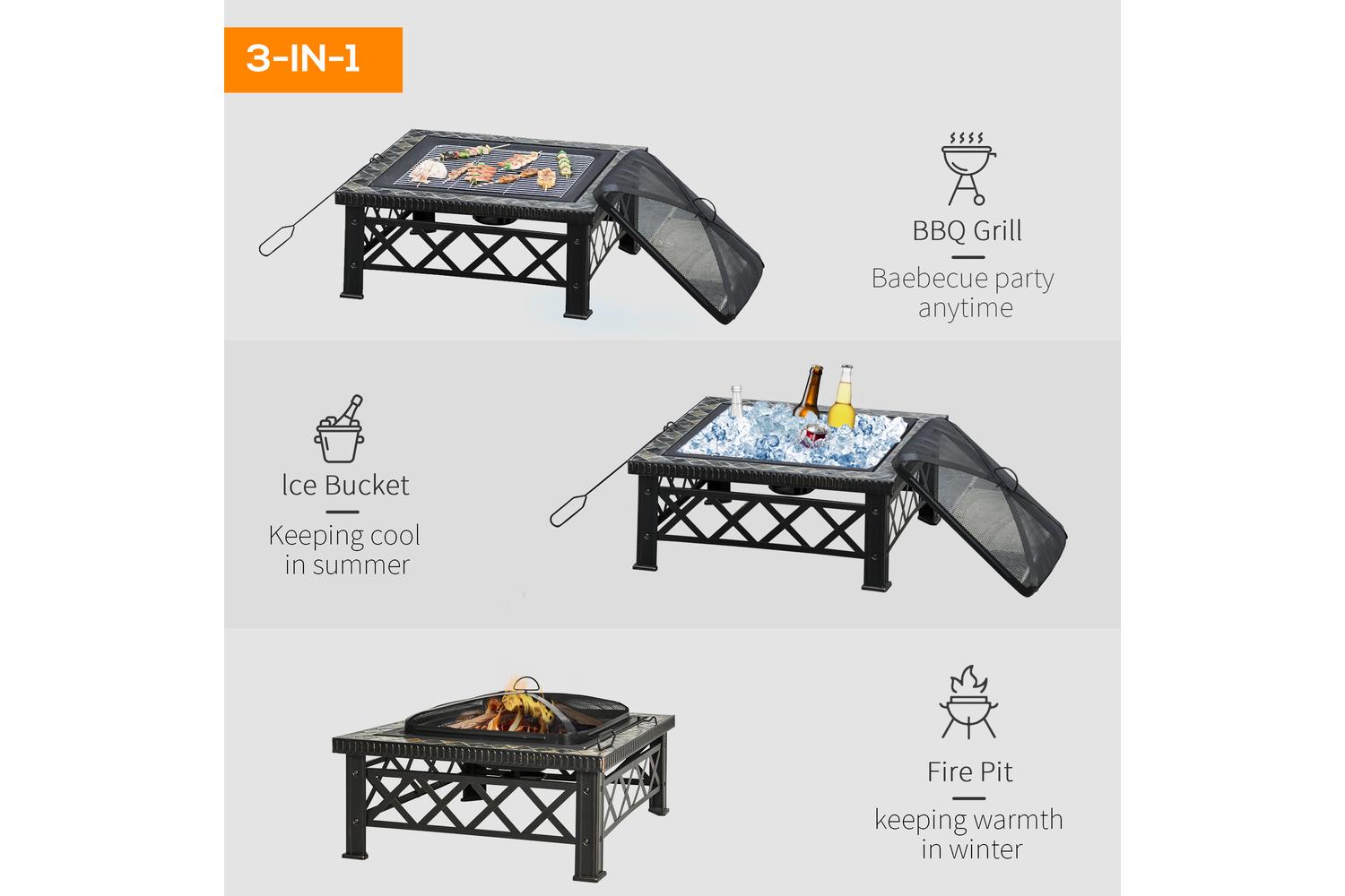 Outsunny Fair Pit with Grill Shelf Poker | Black-3