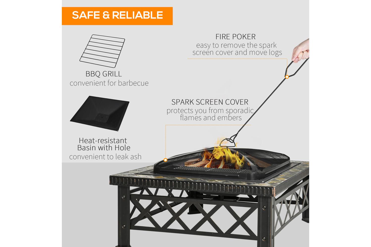 Outsunny Fair Pit with Grill Shelf Poker | Black-4