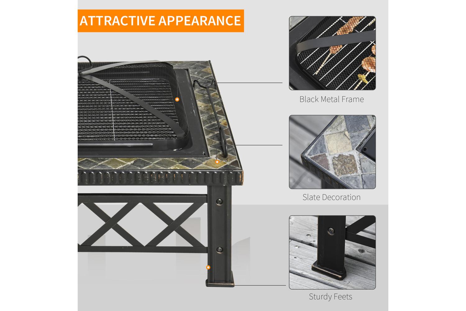 Outsunny Fair Pit with Grill Shelf Poker | Black-5