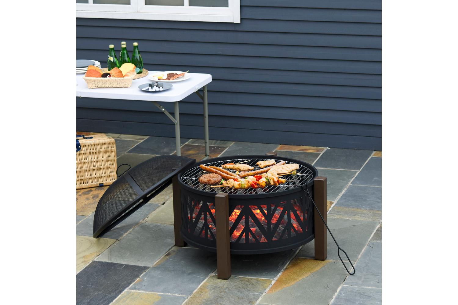 Outsunny Outdoor Fire Pit with Grill Cooking Poker | Black/Brown
