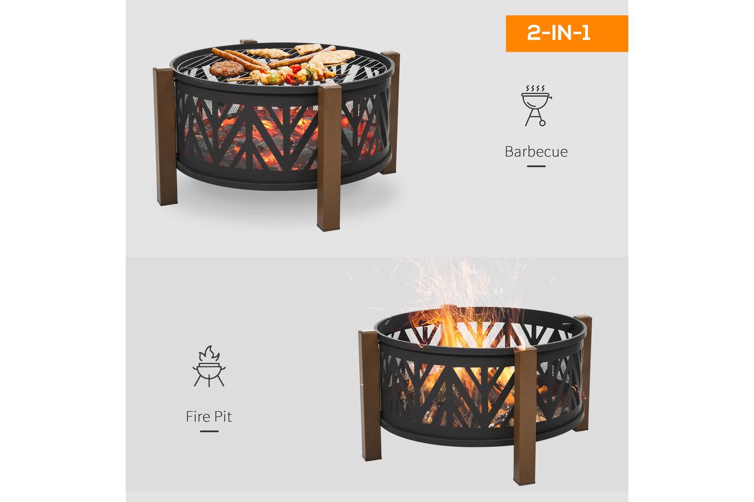 Outsunny Outdoor Fire Pit with Grill Cooking Poker | Black/Brown-4