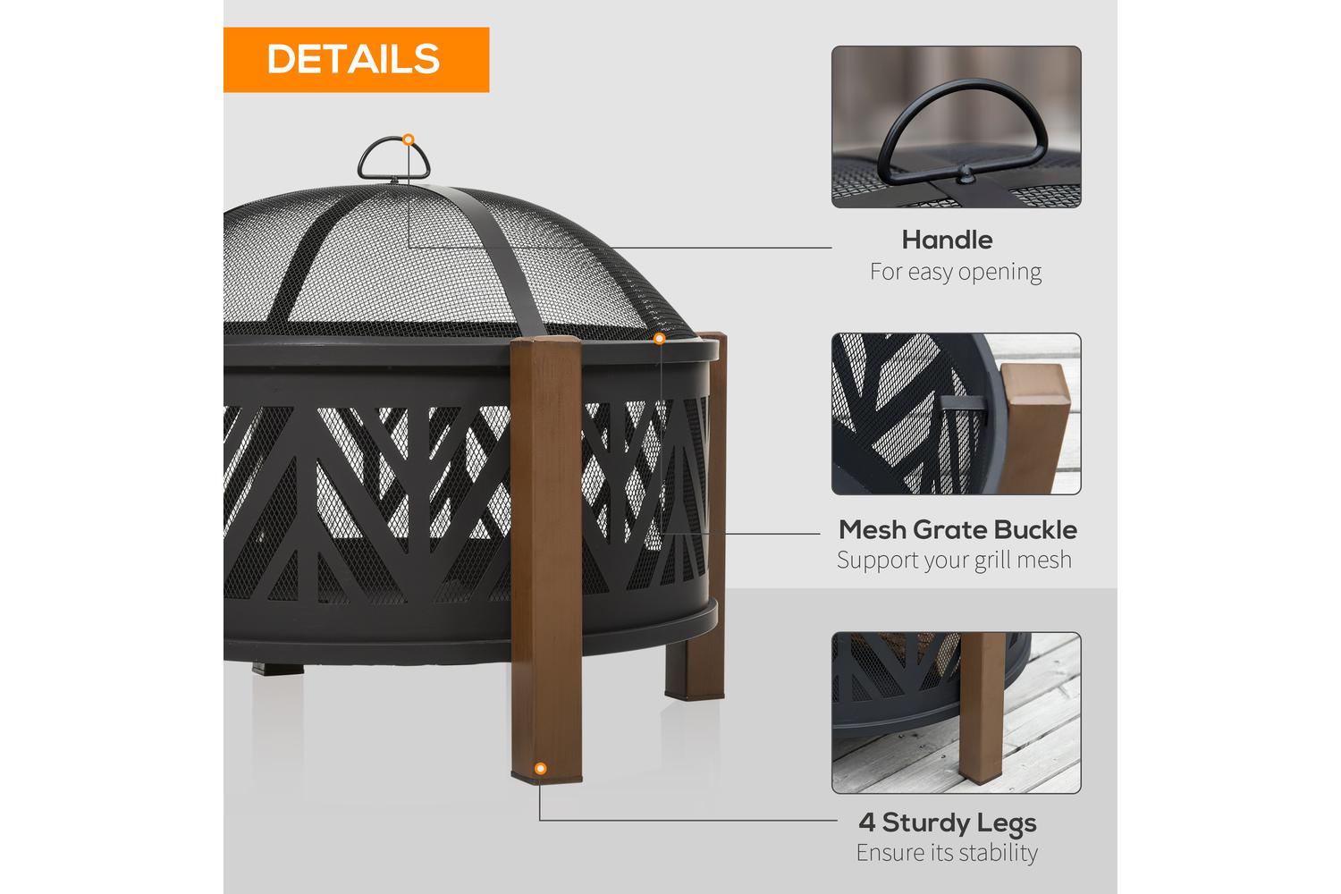 Outsunny Outdoor Fire Pit with Grill Cooking Poker | Black/Brown-5