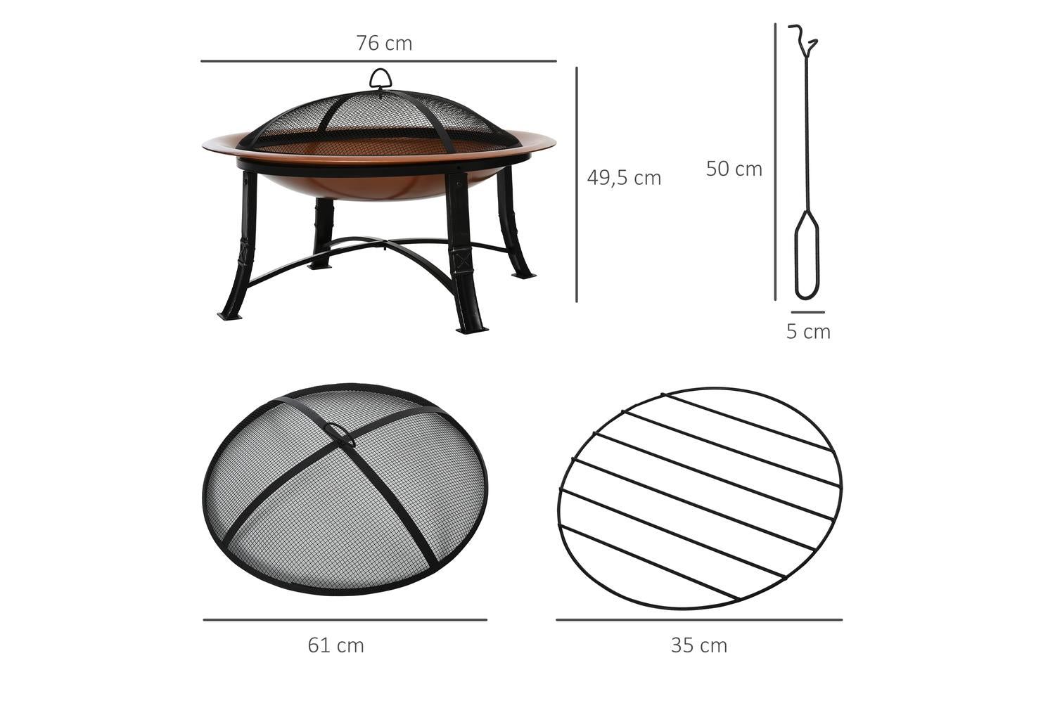 Outsunny Outdoor Steel Round Fire Pit with Poker | Black-2
