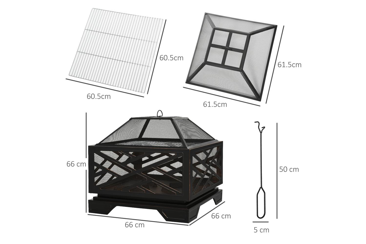 Outsunny Outdoor Metal Square Fire Pit with Grill Cooking Grate Poker | Black-2