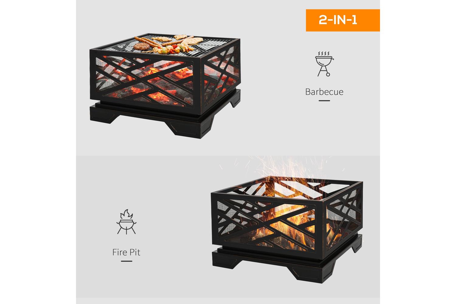 Outsunny Outdoor Metal Square Fire Pit with Grill Cooking Grate Poker | Black-3