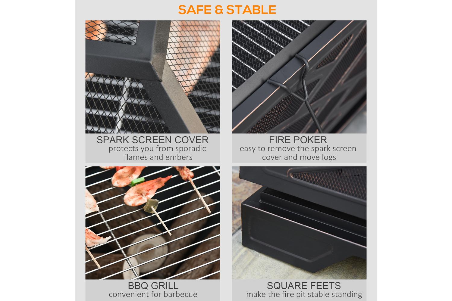 Outsunny Outdoor Metal Square Fire Pit with Grill Cooking Grate Poker | Black-4