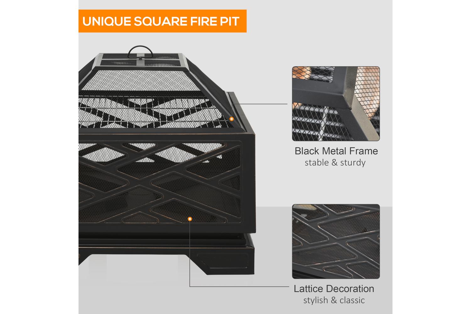 Outsunny Outdoor Metal Square Fire Pit with Grill Cooking Grate Poker | Black-6