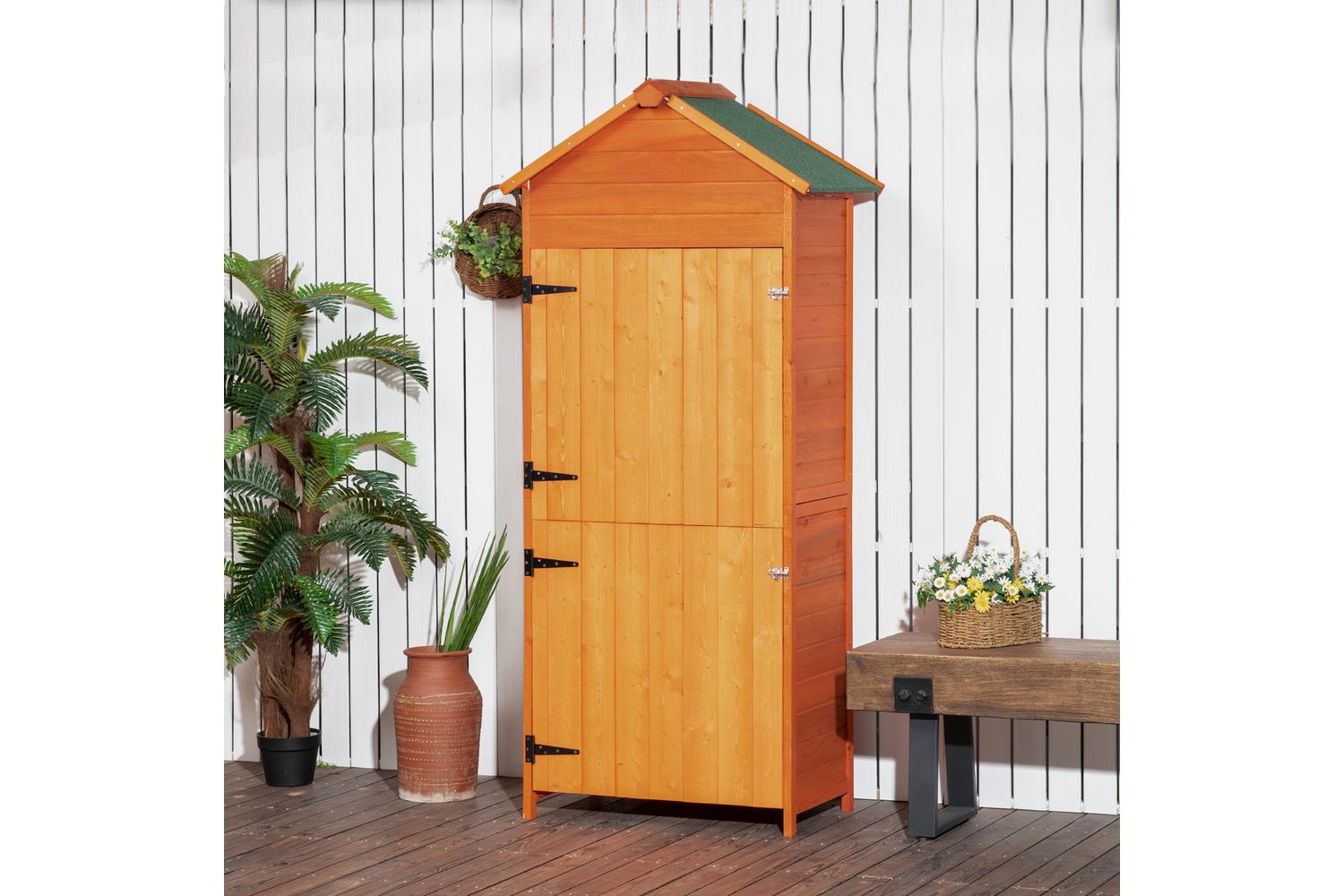 Outsunny Wooden Garden Storage Shed with 3 Shelves Double Lockable Doors | Teak