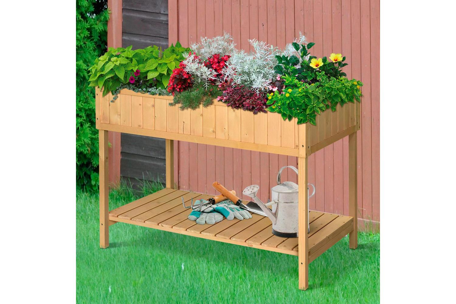 Outsunny Fir Wood Rectangular Planter Bed with Bottom Shelf | Natural