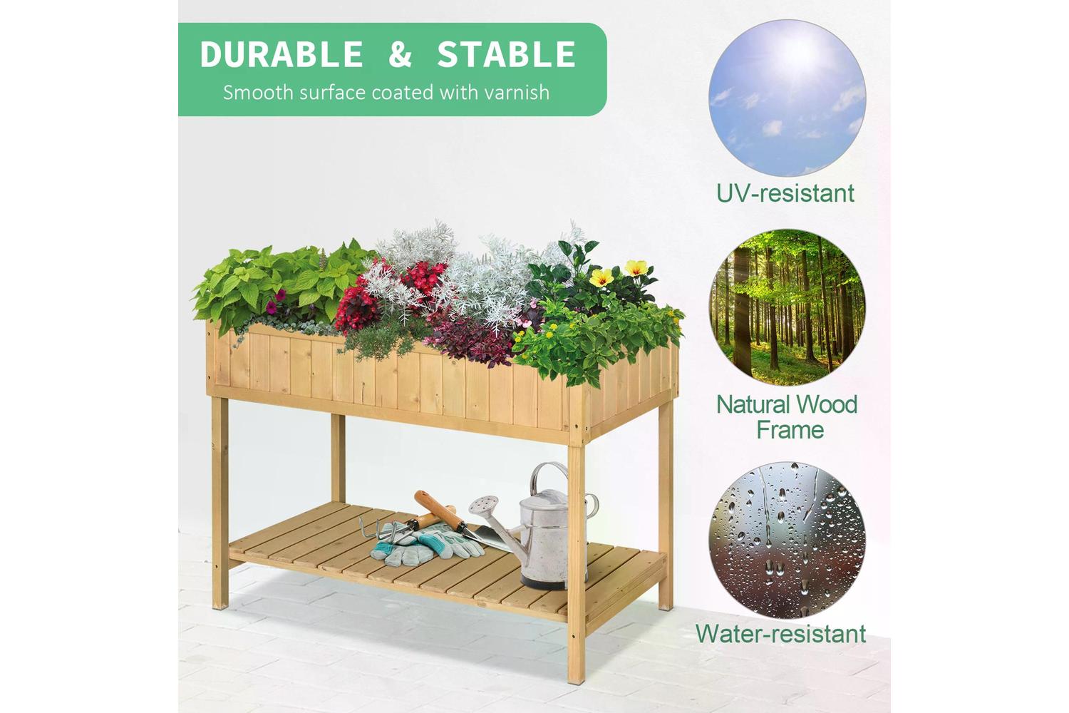 Outsunny Fir Wood Rectangular Planter Bed with Bottom Shelf | Natural-3