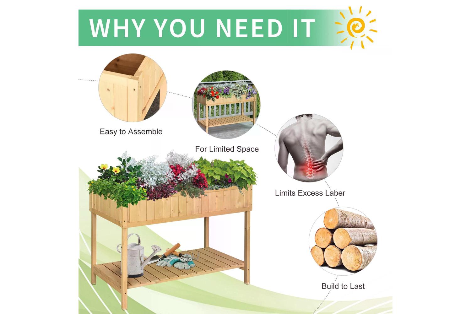 Outsunny Fir Wood Rectangular Planter Bed with Bottom Shelf | Natural-5