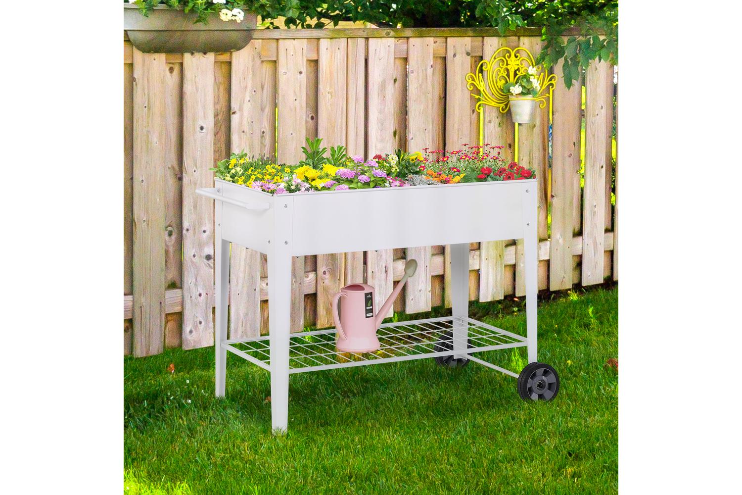 Outsunny Outdoor Garden Plant Box with Storage Shelf Wheels | White