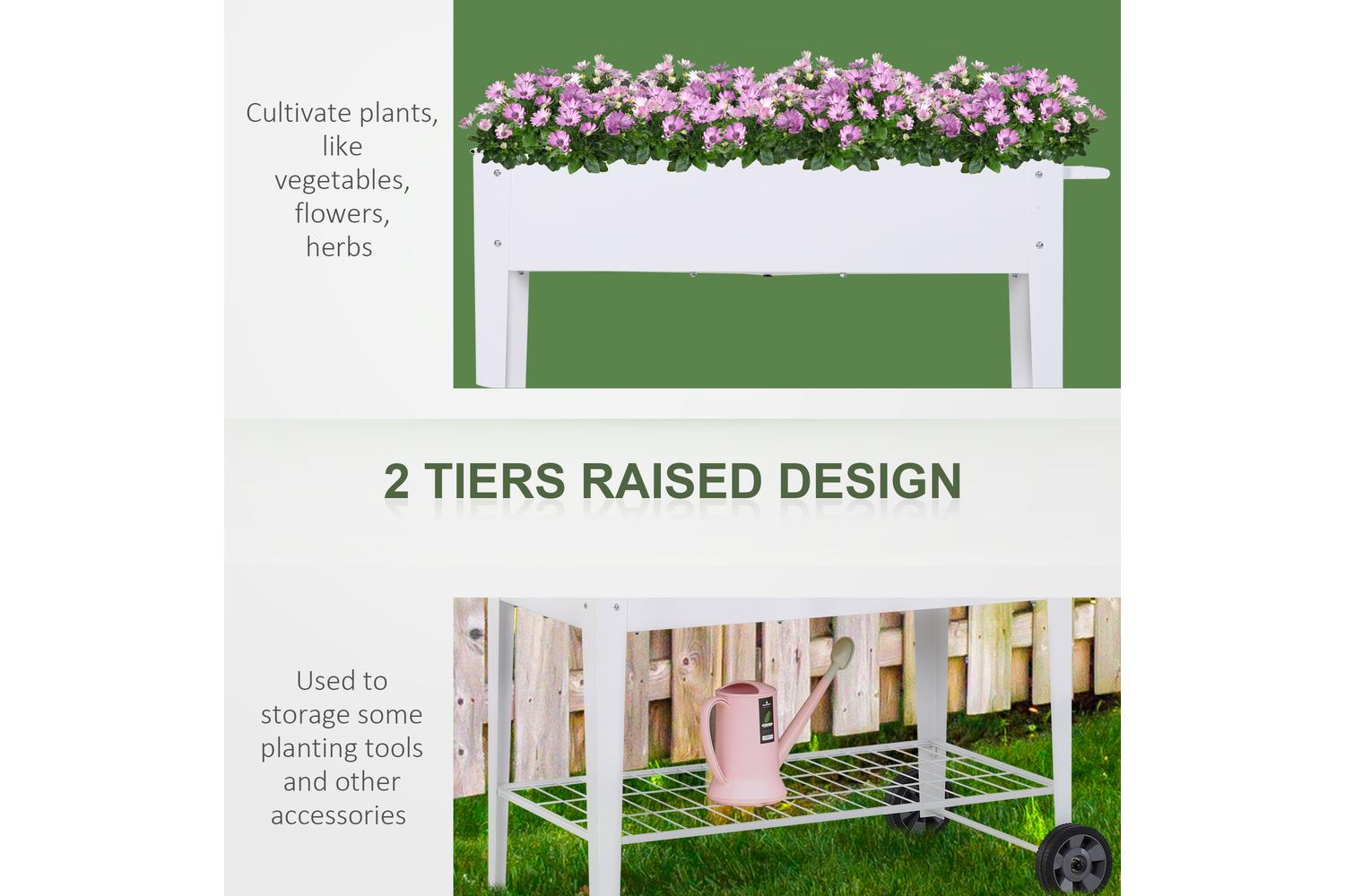 Outsunny Outdoor Garden Plant Box with Storage Shelf Wheels | White-3