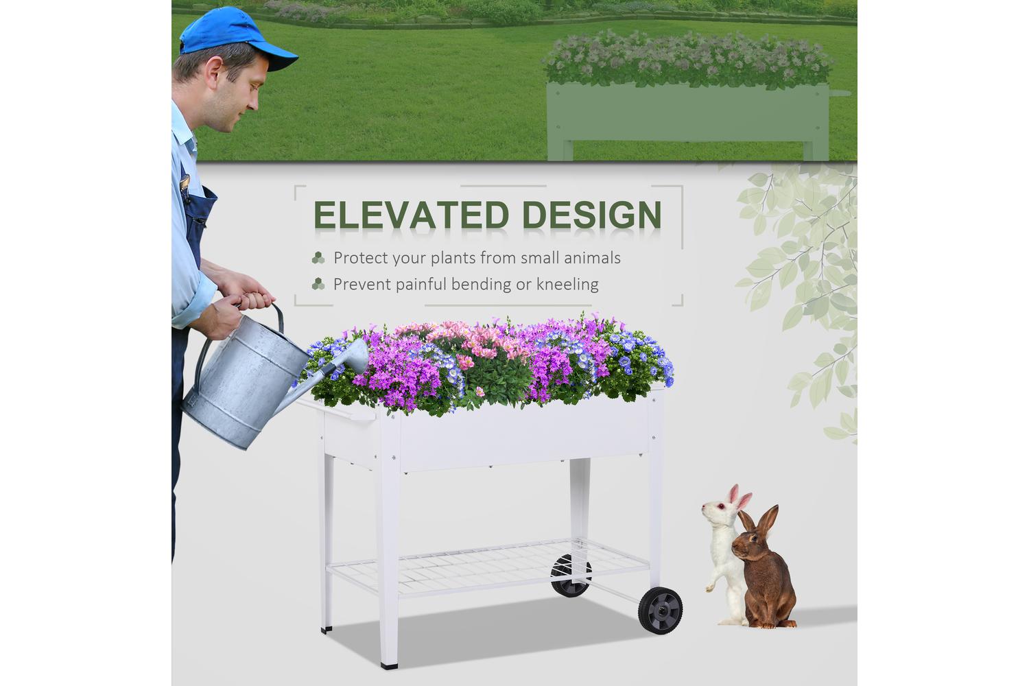 Outsunny Outdoor Garden Plant Box with Storage Shelf Wheels | White-4