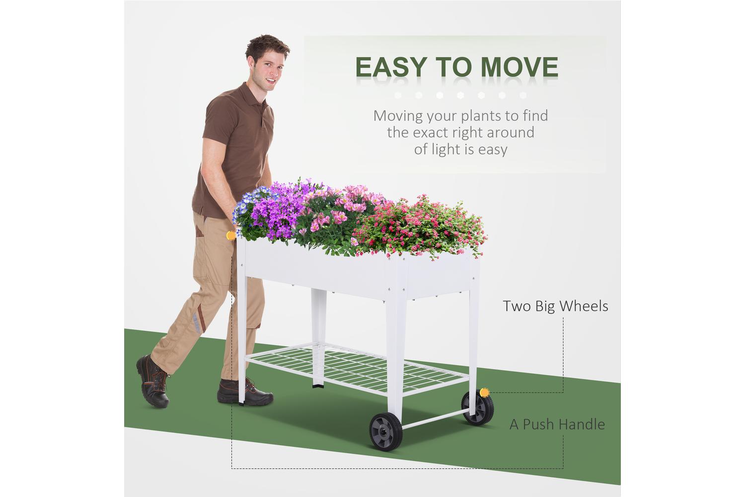 Outsunny Outdoor Garden Plant Box with Storage Shelf Wheels | White-5