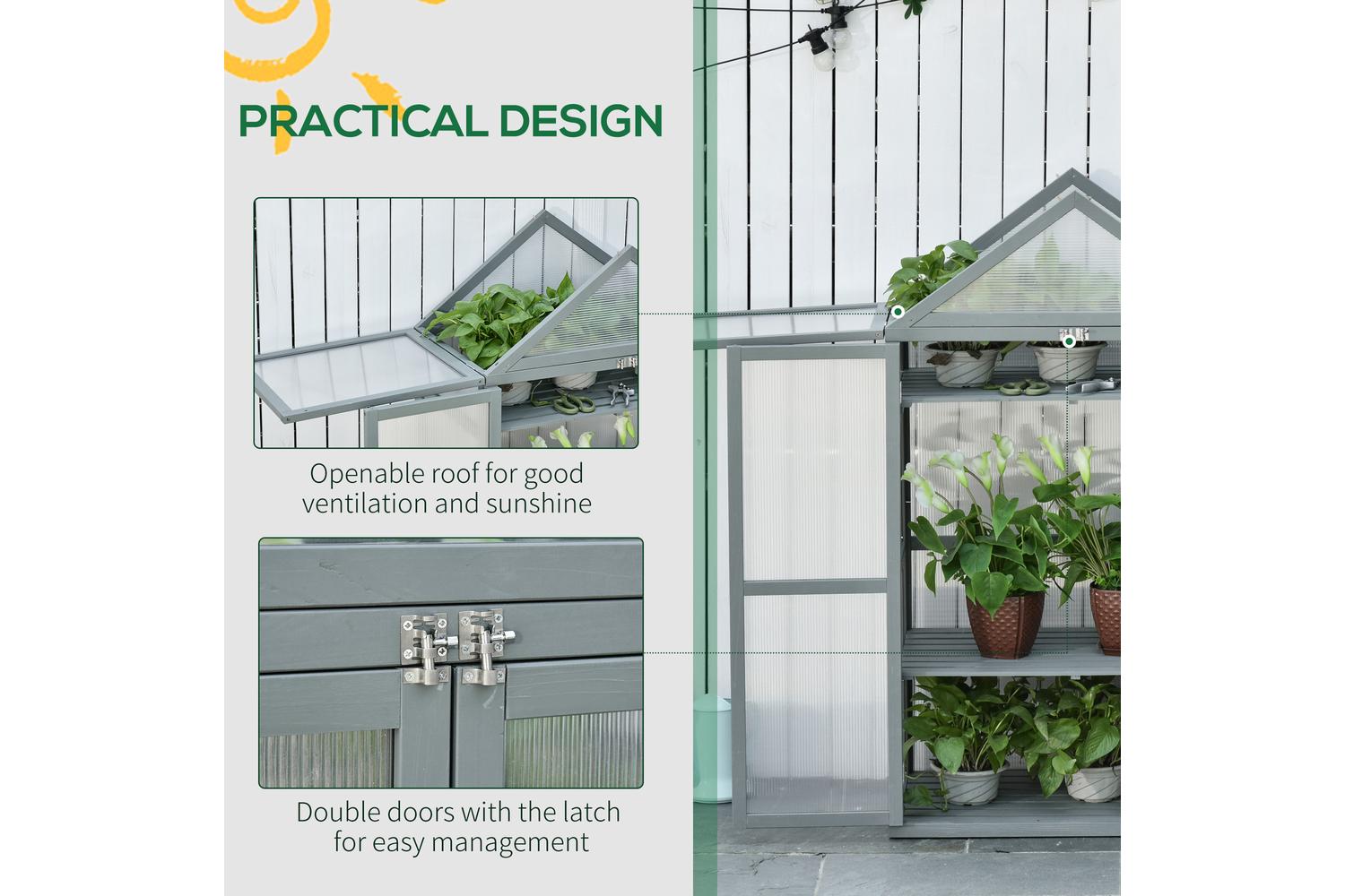 Outsunny Greenhouse Wooden Cold Frame | Grey-5