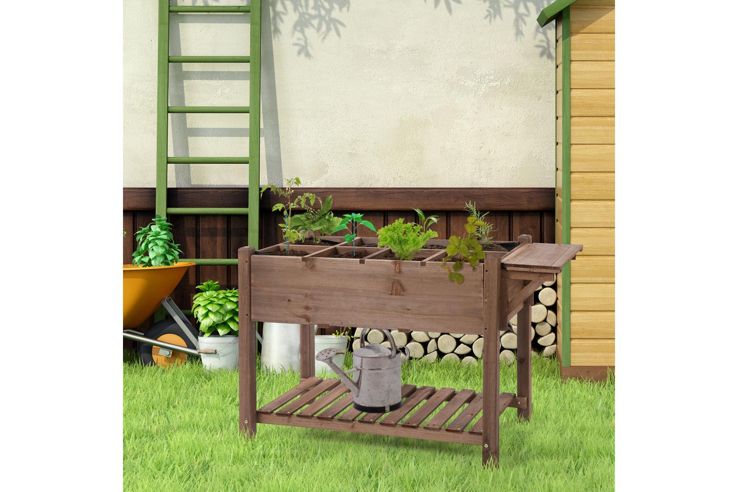 Outsunny Wooden Raised Garden Plant Stand with Shelf | Brown