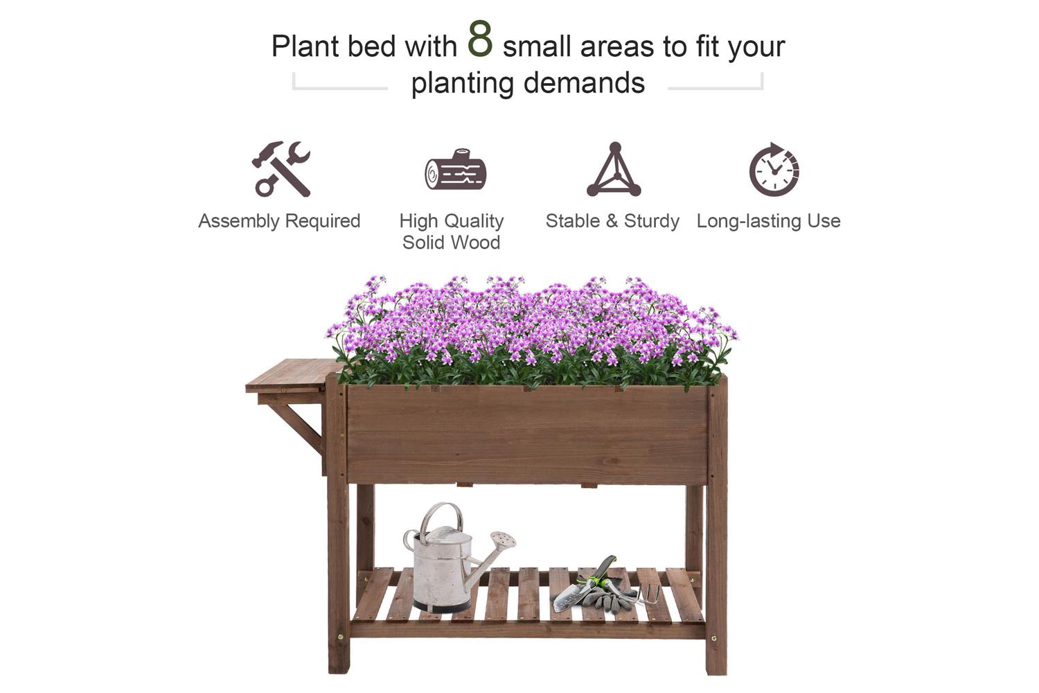Outsunny Wooden Raised Garden Plant Stand with Shelf | Brown-4