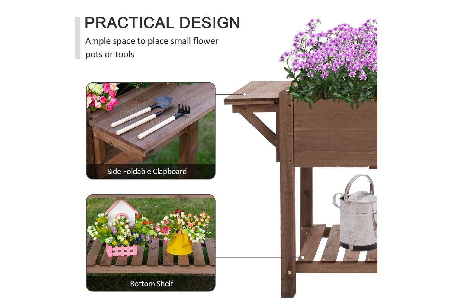 Outsunny Wooden Raised Garden Plant Stand with Shelf | Brown-5