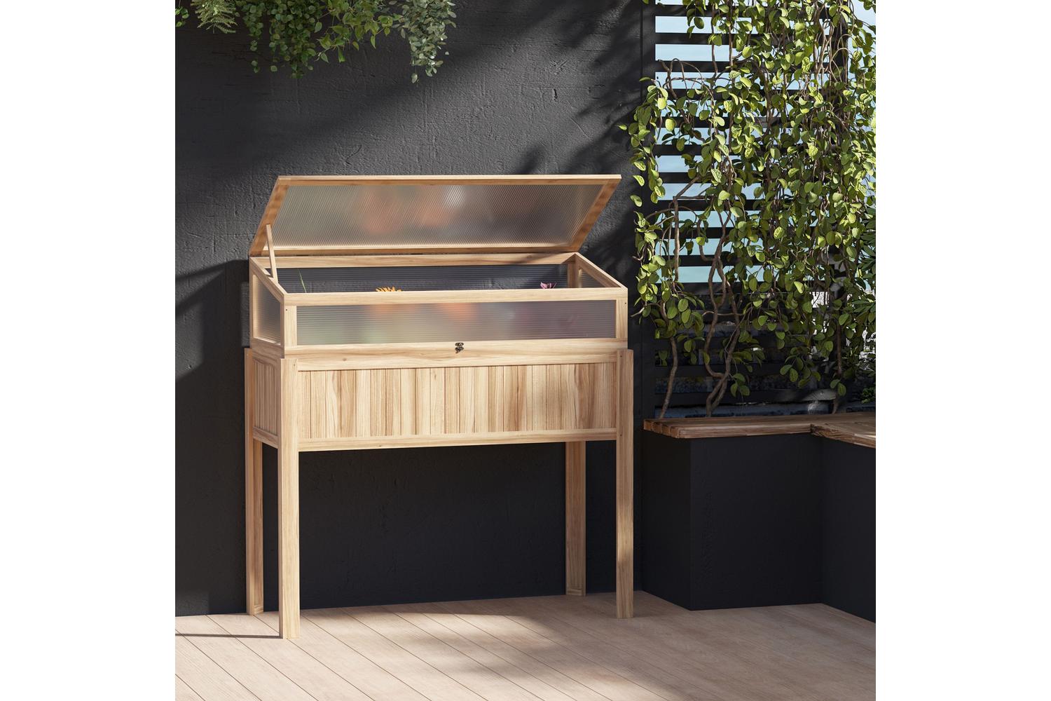 Outsunny Raised Garden Bed 2-in-1 Wood Cold Frame Greenhouse With Elevated Garden Box | Natural