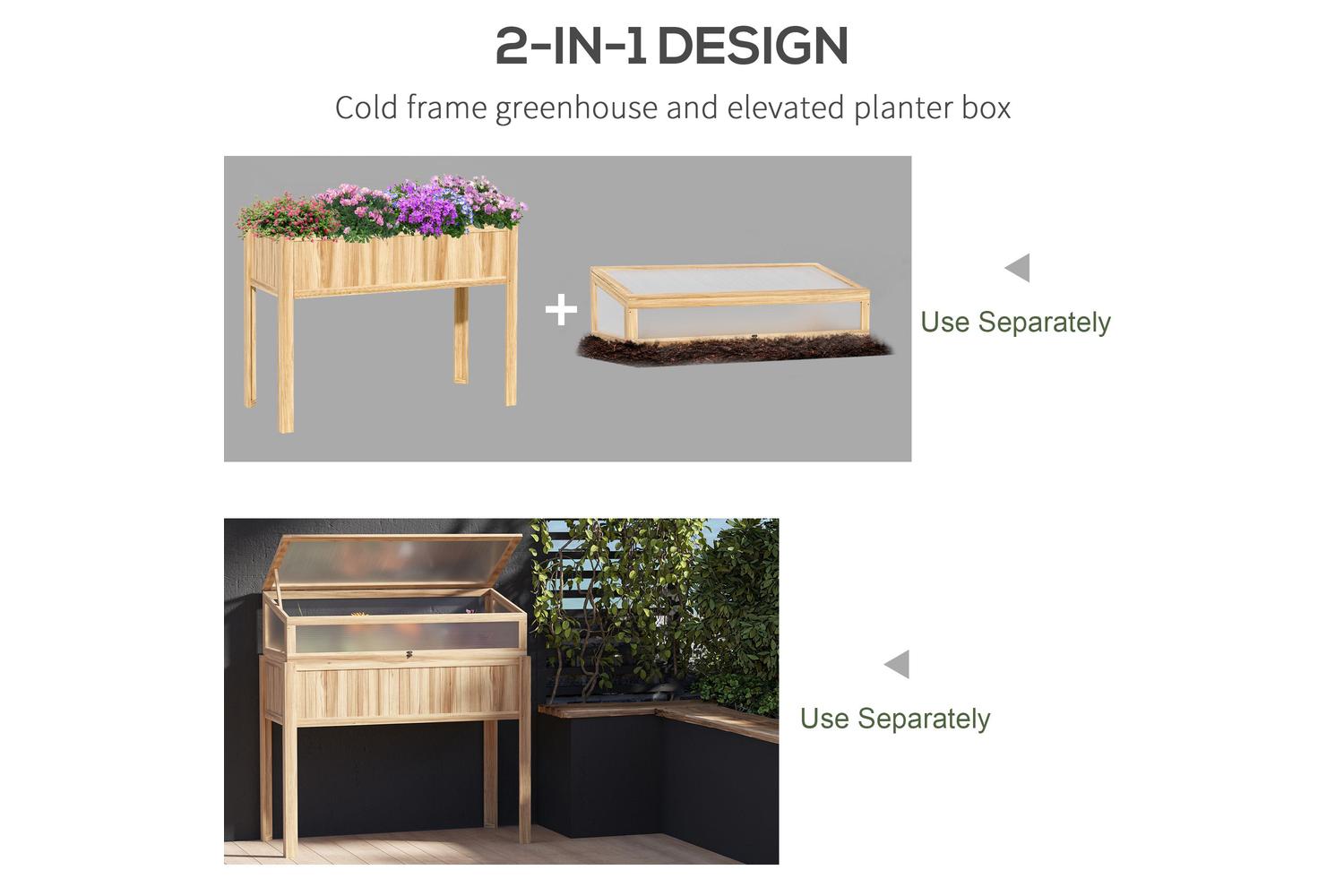 Outsunny Raised Garden Bed 2-in-1 Wood Cold Frame Greenhouse With Elevated Garden Box | Natural-3
