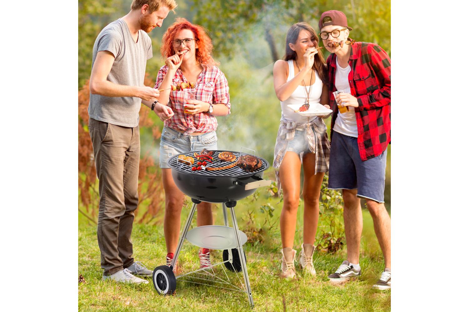Outsunny Outdoor Portable Round Charcoal BBQ Grill With Wooden Handle | Black/Silver