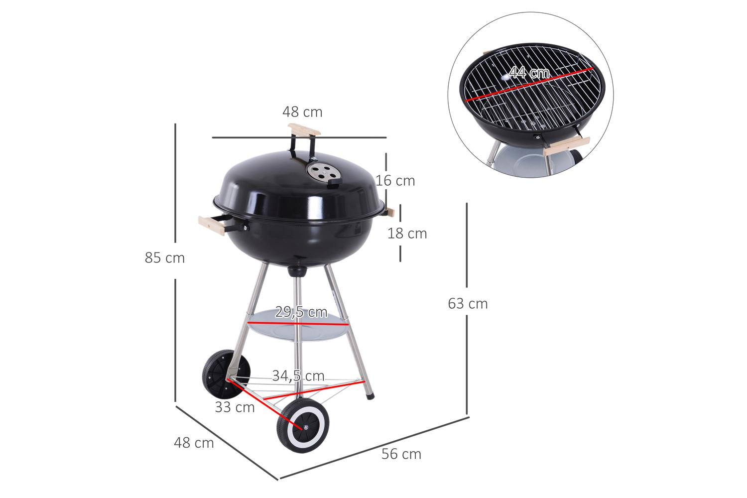 Outsunny Outdoor Portable Round Charcoal BBQ Grill With Wooden Handle | Black/Silver-2