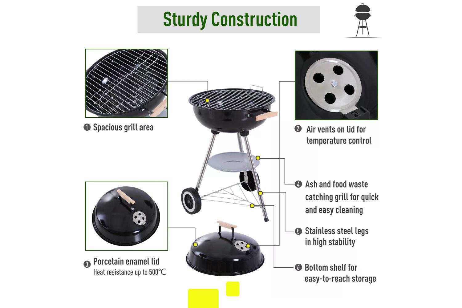 Outsunny Outdoor Portable Round Charcoal BBQ Grill With Wooden Handle | Black/Silver-4