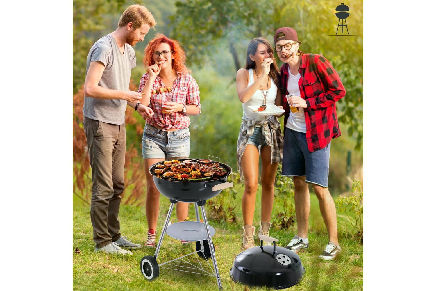 Outsunny Outdoor Portable Round Charcoal BBQ Grill With Wooden Handle | Black/Silver-5