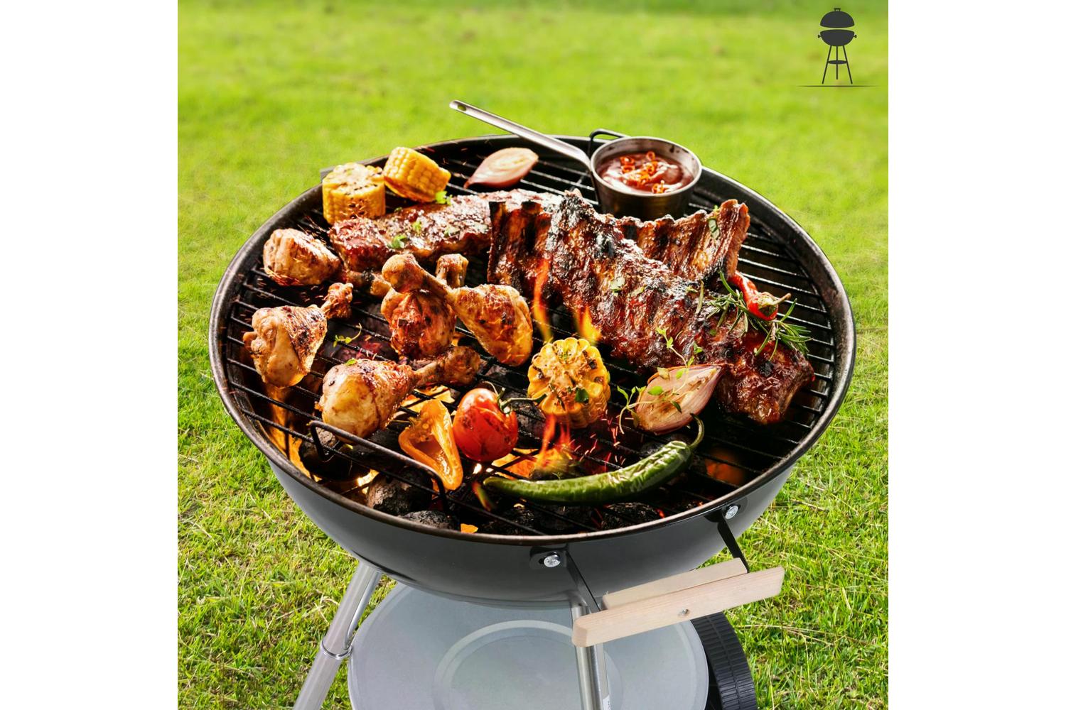 Outsunny Outdoor Portable Round Charcoal BBQ Grill With Wooden Handle | Black/Silver-6