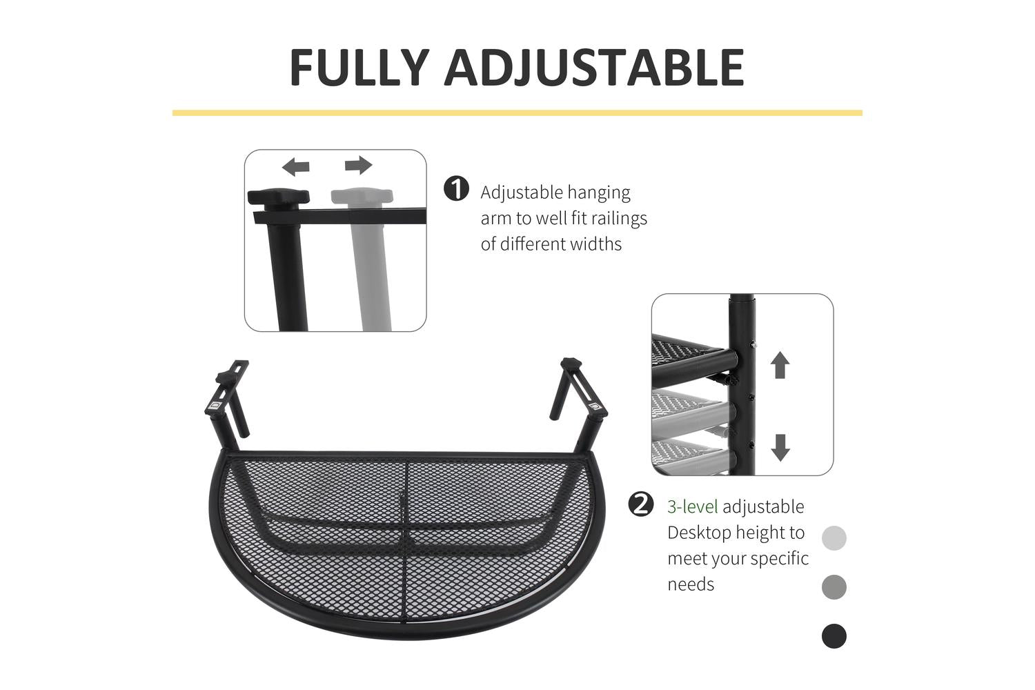 Outsunny Balcony Hanging Rail Coffee Table Mini Storage Rack Flower Stand | Black-3