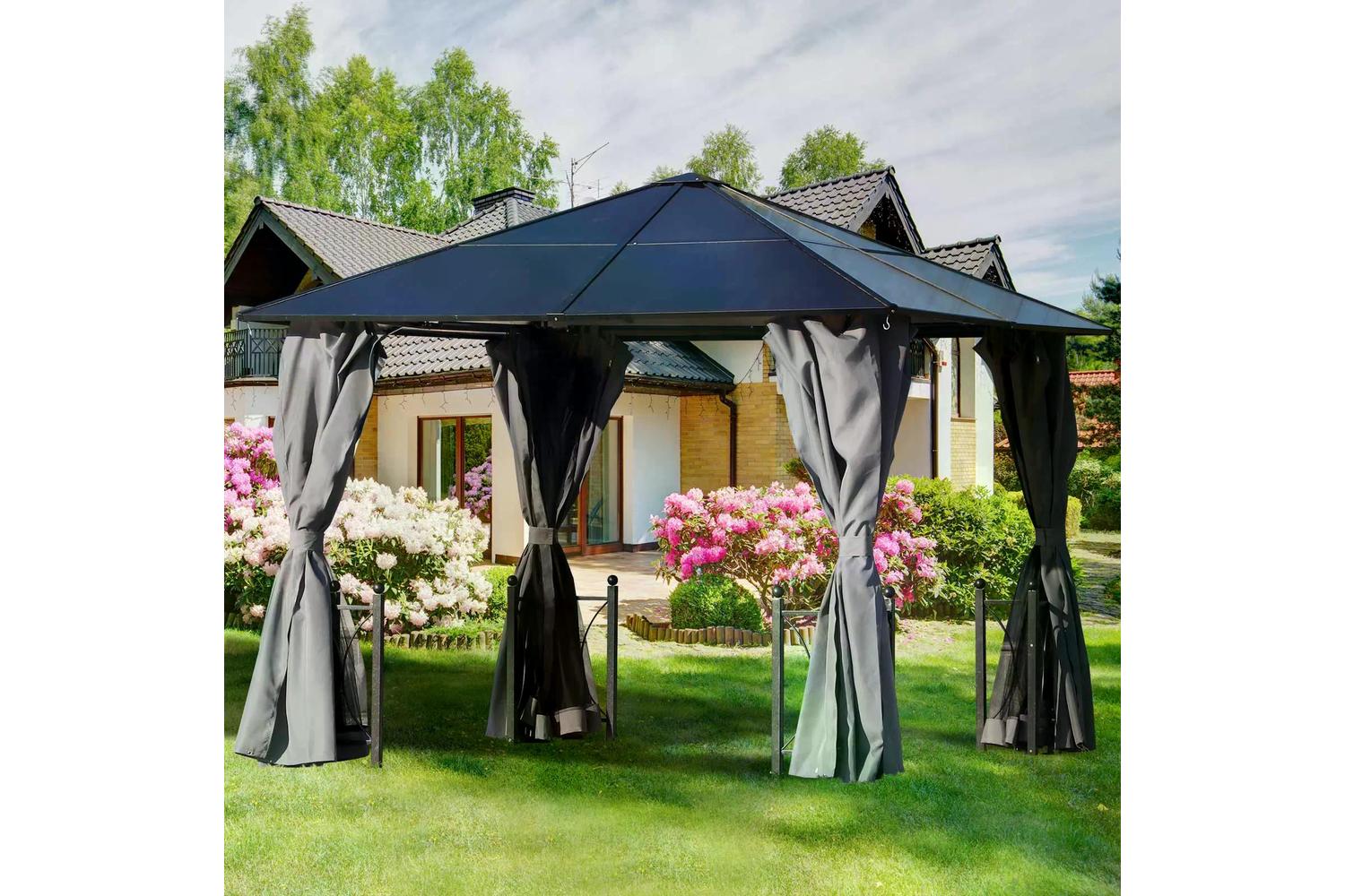Outsunny Outdoor Aluminium Alloy Gazebo with Curtains | Black/Dark Grey