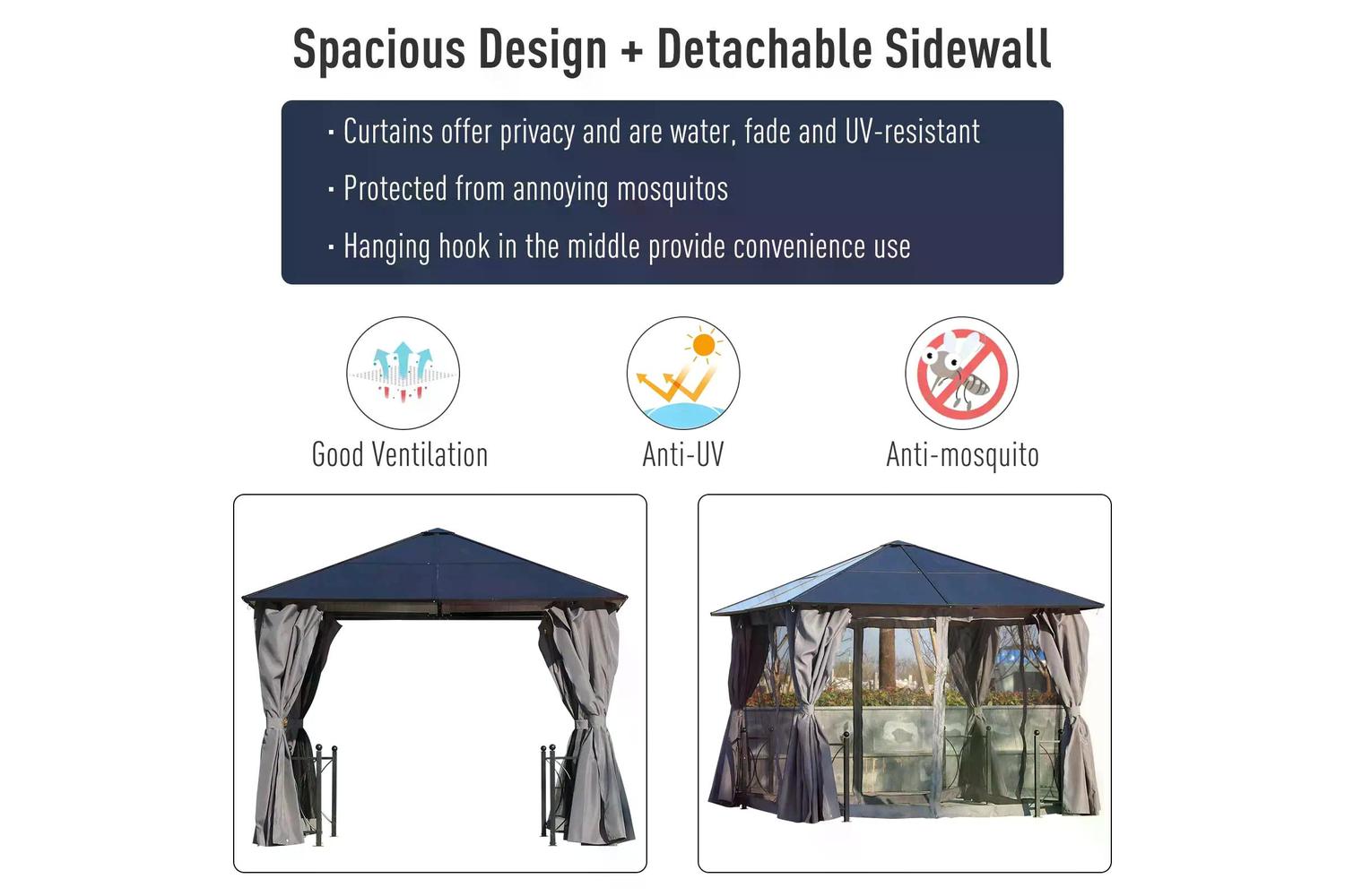 Outsunny Outdoor Aluminium Alloy Gazebo with Curtains | Black/Dark Grey-5