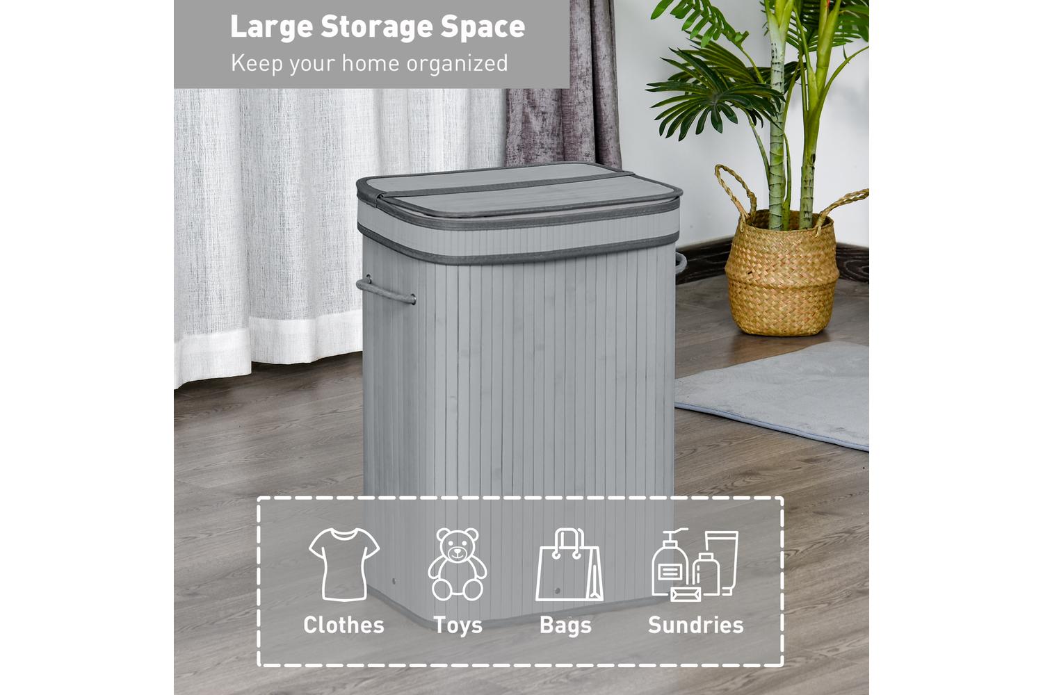 Homcom 70L Flip Lid Bamboo Laundry Basket | Grey-3
