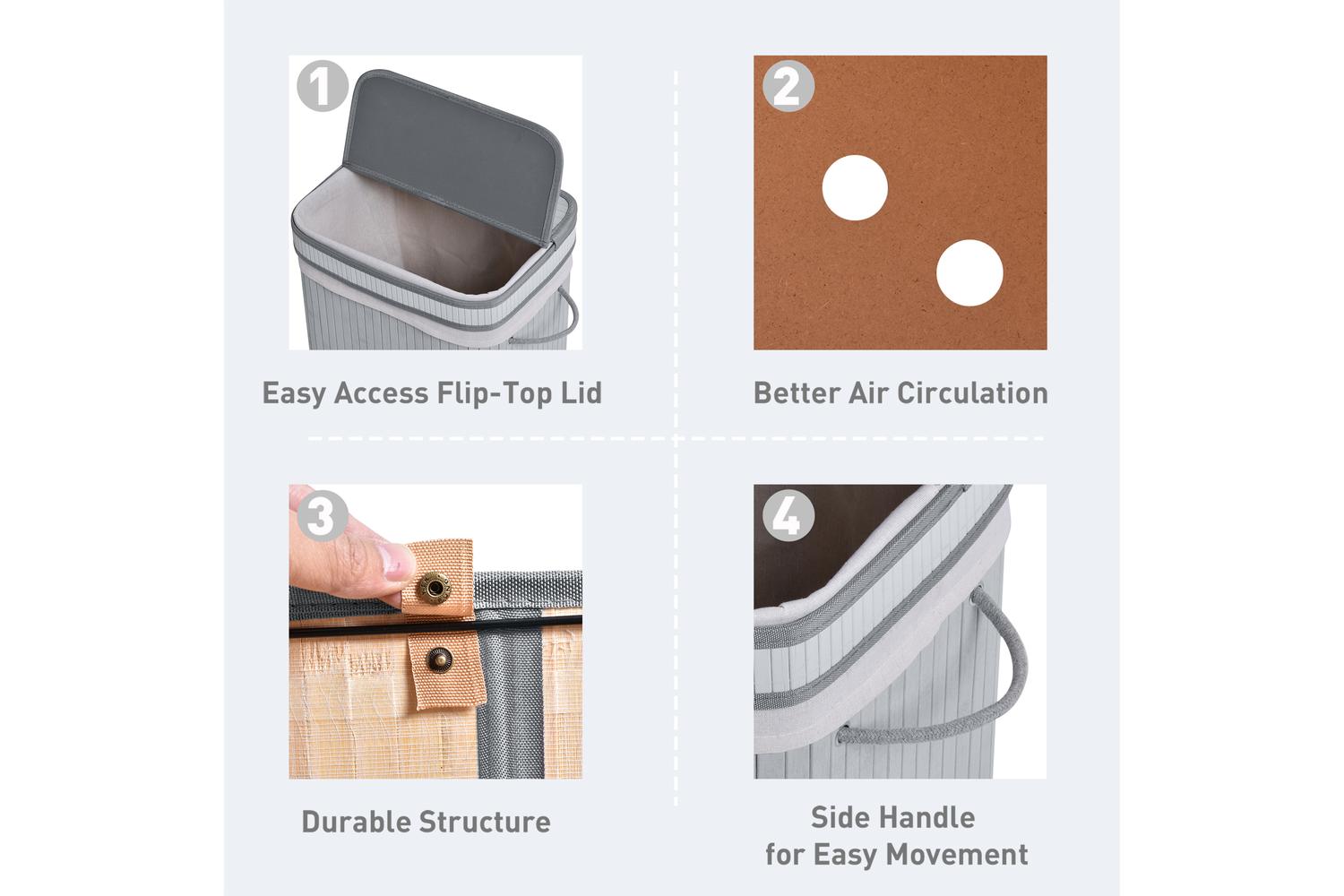 Homcom 70L Flip Lid Bamboo Laundry Basket | Grey-4