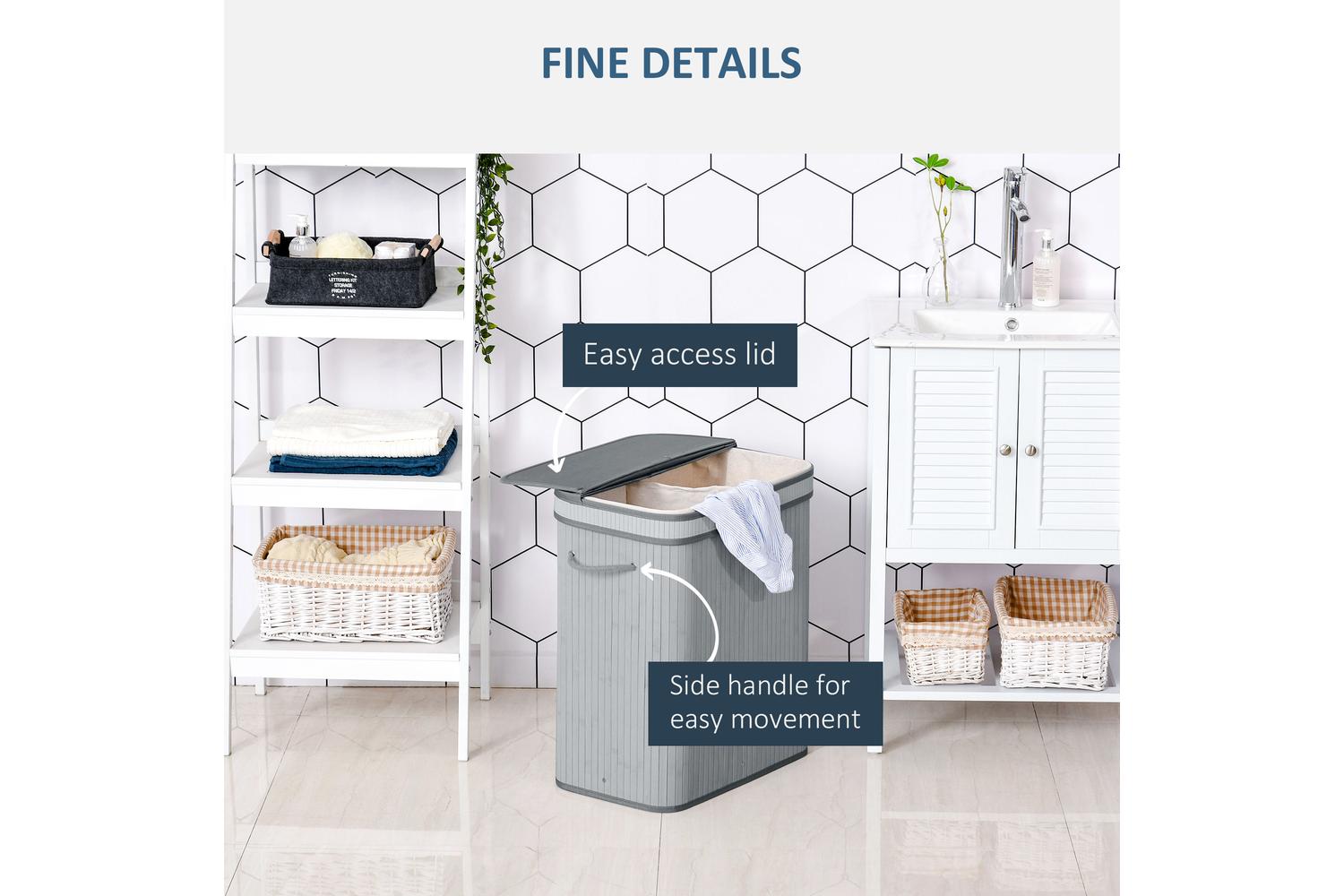 Homcom 100L Bamboo Laundry Basket with Lid | Grey-4
