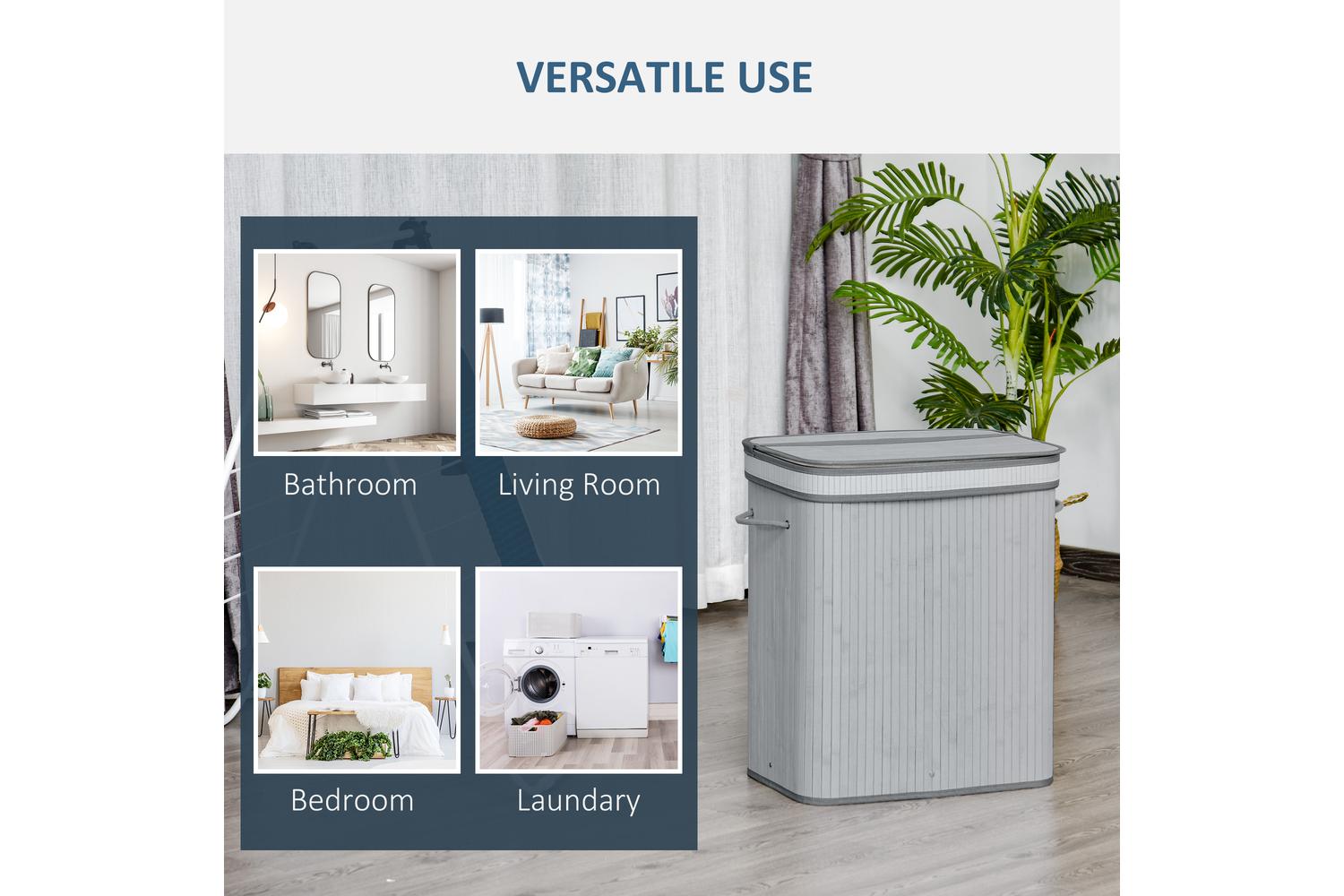 Homcom 100L Bamboo Laundry Basket with Lid | Grey-5