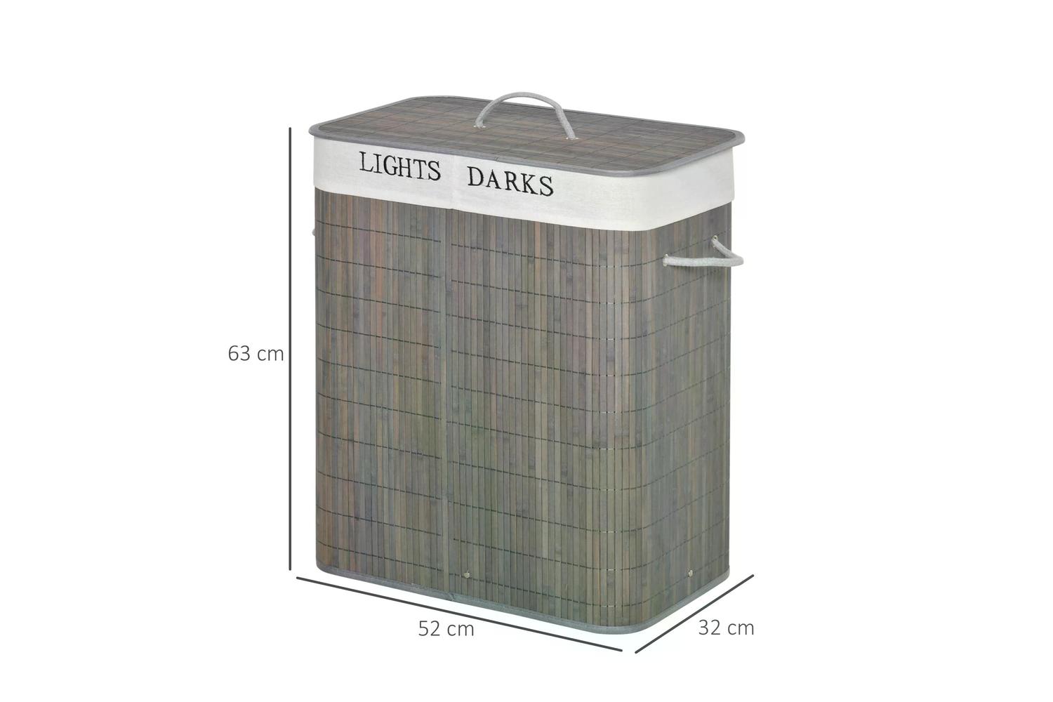 Homcom 100L 2 Compartment Bamboo Laundry Basket | Grey-2