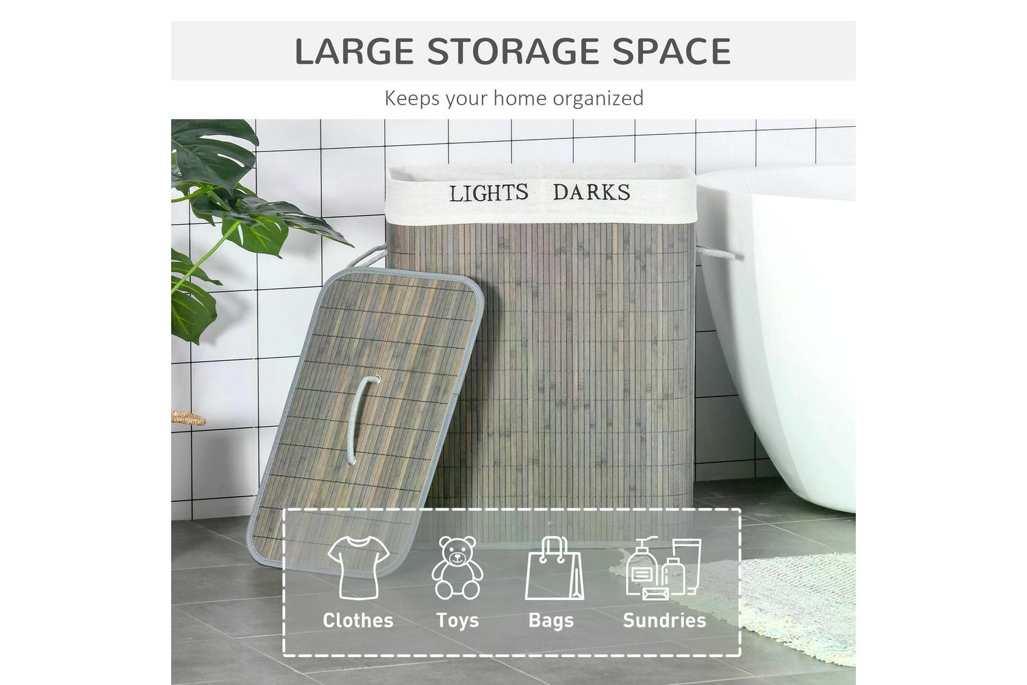 Homcom 100L 2 Compartment Bamboo Laundry Basket | Grey-3