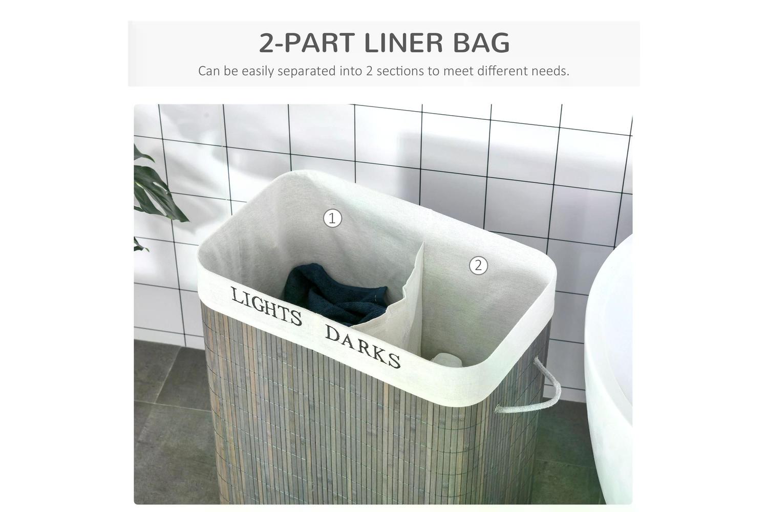 Homcom 100L 2 Compartment Bamboo Laundry Basket | Grey-4