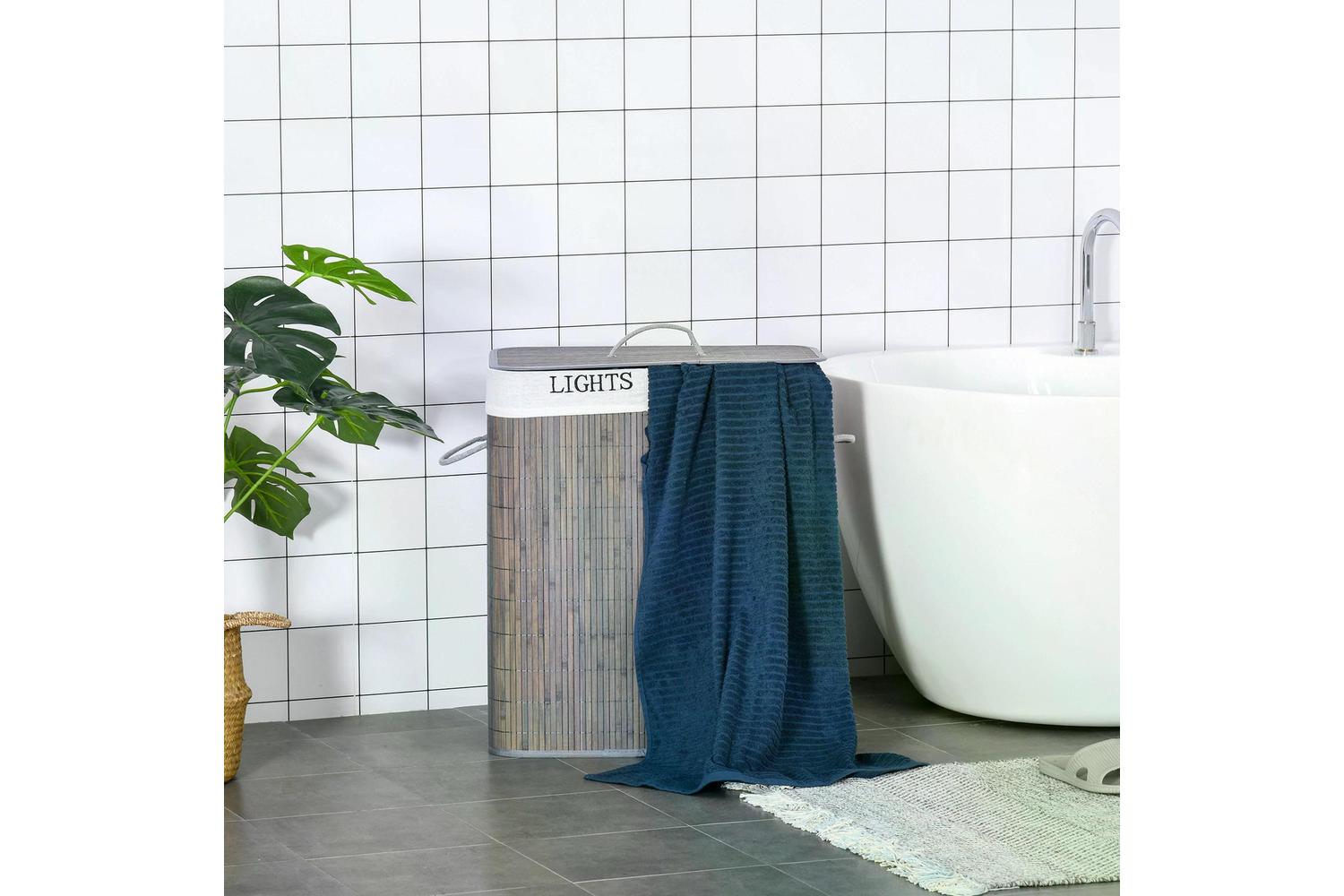 Homcom 100L 2 Compartment Bamboo Laundry Basket | Grey-7