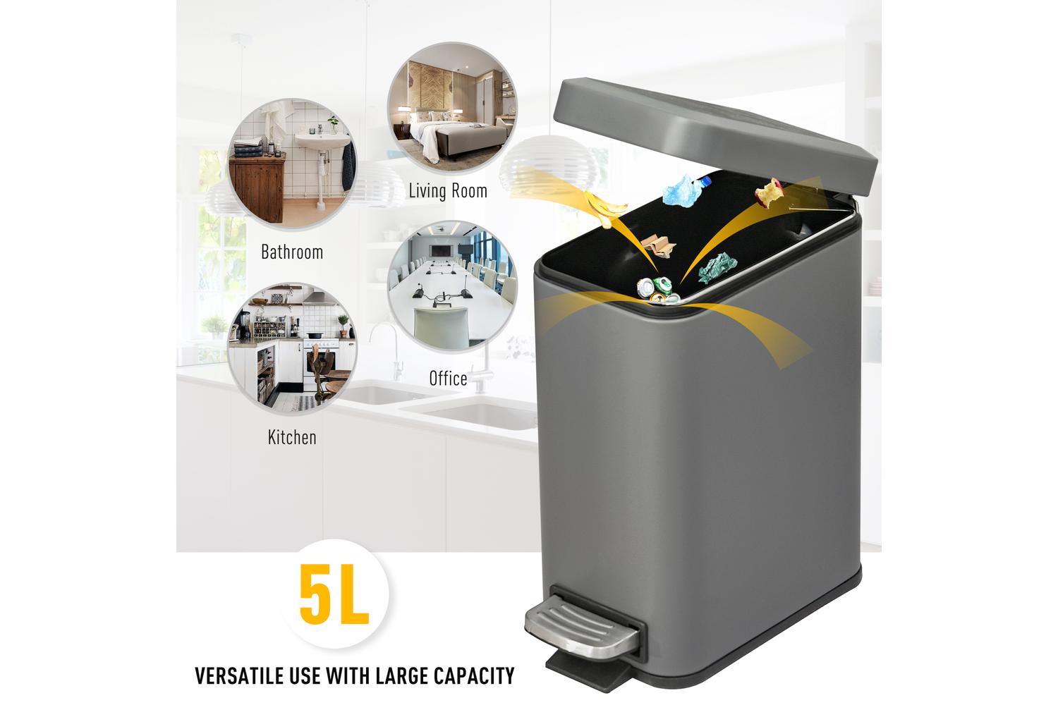 Homcom Steel Silent and Gentle Open Pedal Bin | Grey/Black-4