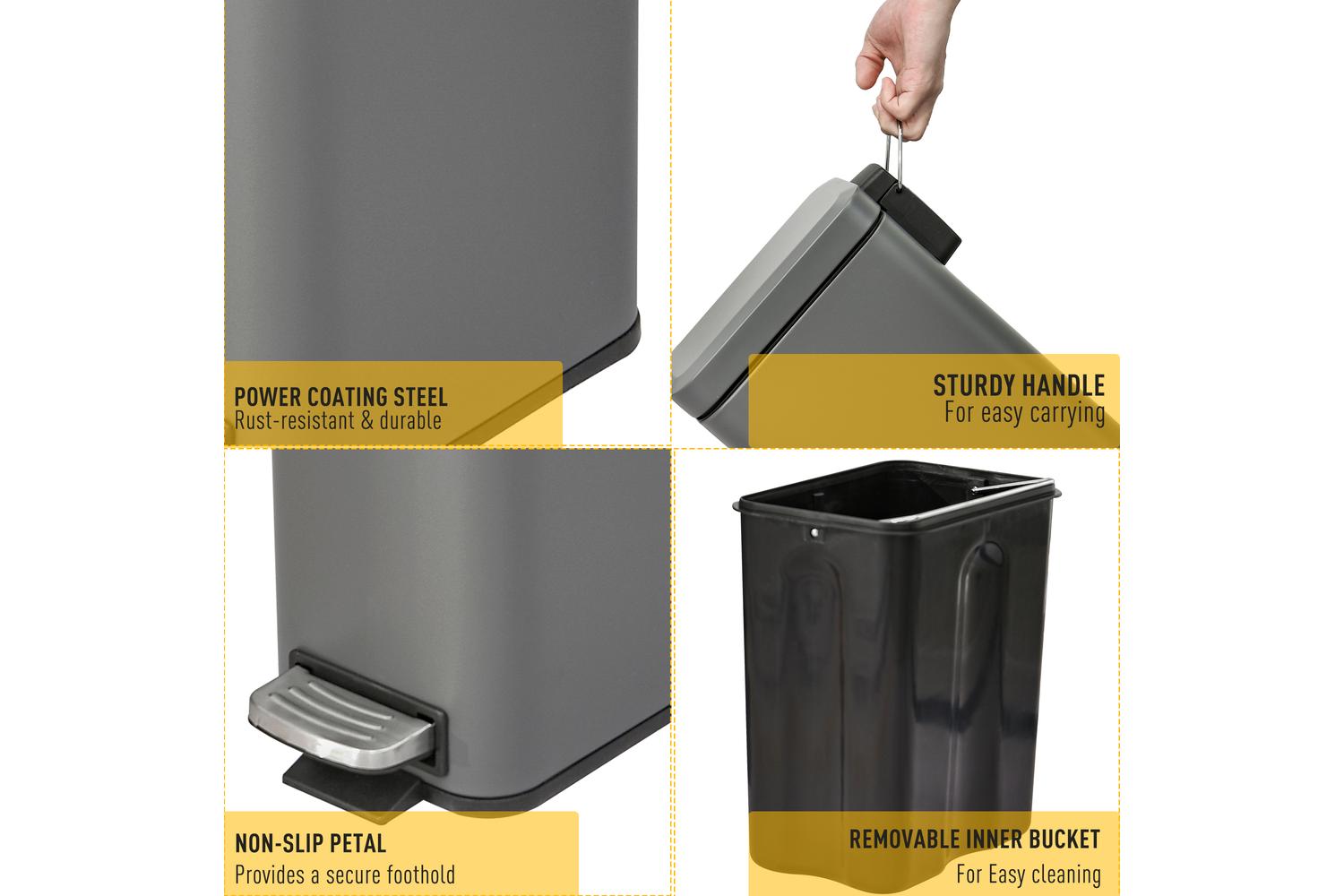 Homcom Steel Silent and Gentle Open Pedal Bin | Grey/Black-5