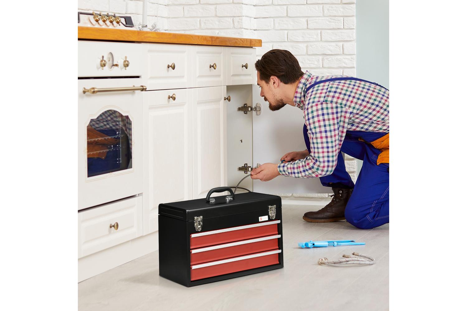 Durhand 3 Drawer Lockable Metal Tool Box with Ball Bearing | Black/Red