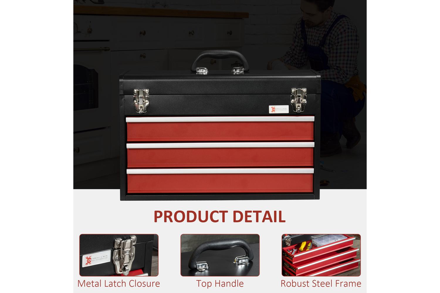 Durhand 3 Drawer Lockable Metal Tool Box with Ball Bearing | Black/Red-3