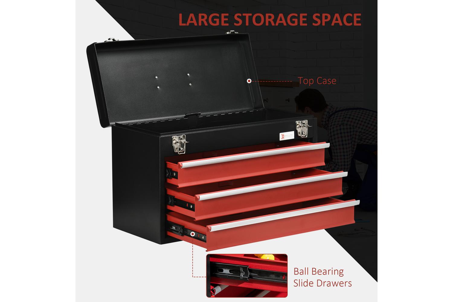 Durhand 3 Drawer Lockable Metal Tool Box with Ball Bearing | Black/Red-4