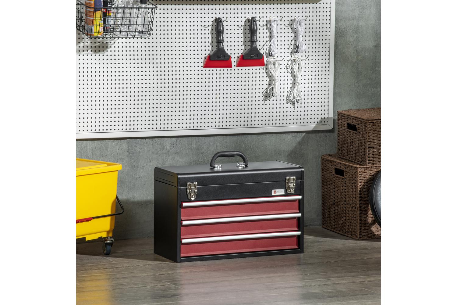Durhand 3 Drawer Lockable Metal Tool Box with Ball Bearing | Black/Red-5