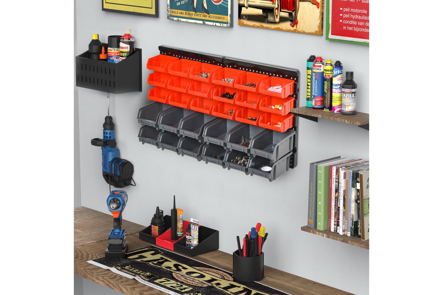 Durhand Wall Mounted 30 Compartment Tool Hardware Organiser | Red/Grey