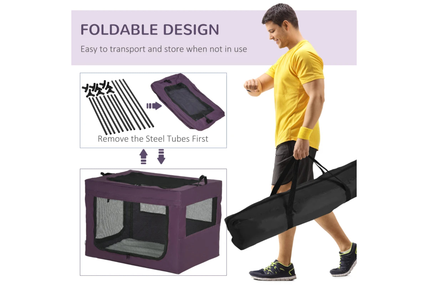PawHut Folding Large Medium Fabric Dog Travel Crate | Purple/Black-2